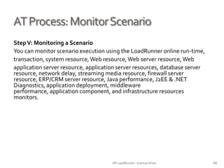 ATProcess:MonitorScenario
StepV: Monitoring a Scenario
You can monitor scenario execution using the LoadRunner online run-time,
transaction, system resource,Web resource,Web server resource,Web
application server resource, application server resources, database server
resource, network delay, streaming media resource, firewall server
resource, ERP/CRM server resource, Java performance, J2EE & .NET
Diagnostics, application deployment, middleware performance,
application component, and infrastructure resources monitors.
HP LoadRunner - Kamran Khan – ChromeIS.com/institute 66
 