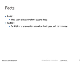 Facts
 Fact #1 :
 Most users click away after 8 second delay
 Fact #2 :
 $4.4 billion in revenue lost annually – due to poor web performance
Source: Zona Research …continuedHP LoadRunner - Kamran Khan – ChromeIS.com/institute 8
 