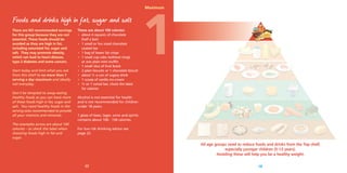 Maximum

Foods and drinks high in fat, sugar and salt
There are NO recommended servings
for this group because they are not
essential. These foods should be
avoided as they are high in fat,
including saturated fat, sugar and
salt. They may promote obesity,
which can lead to heart disease,
type 2 diabetes and some cancers.
Start today and limit what you eat
from this shelf to no more than 1
serving a day maximum and ideally
not everyday.
Don’t be tempted to swop eating
healthy foods so you can have more
of these foods high in fat, sugar and
salt. You need healthy foods in the
serving sizes recommended to provide
all your vitamins and minerals.
The examples across are about 100
calories – so check the label when
choosing foods high in fat and
sugar.

These are about 100 calories:
• about 4 squares of chocolate
(half a bar)
• 1 small or fun sized chocolate
coated bar
• 1 bag of lower fat crisps
• 1 small cup cake (without icing)
or one plain mini mufﬁn
• 1 small slice of fruit brack
• 2 plain biscuits or 1 chocolate biscuit
• about ½ a can of sugary drink
• 1 scoop of vanilla ice-cream
• ½ or 1 cereal bar, check the label
for calories

1

Alcohol is not essential for health
and is not recommended for children
under 18 years.
1 glass of beer, lager, wine and spirits
contains about 100 - 150 calories.
For low risk drinking advice see
page 22.

All age groups need to reduce foods and drinks from the Top shelf,
especially younger children (5-13 years).
Avoiding these will help you be a healthy weight.
17

18

 