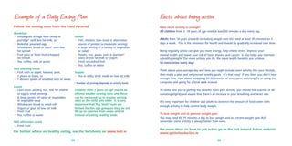 Example of a Daily Eating Plan

Facts about being active

Follow the serving sizes from the Food Pyramid

How much activity is enough?
All children from 2- 18 years of age need at least 60 minutes a day every day.

Breakfast
• Wholegrain or high ﬁbre cereal or
porridge* with low fat milk, or
• Boiled or poached egg
• Wholegrain bread or toast* with low
fat spread
• Fruit juice or fresh fruit (chopped
on cereal)
• Tea, coffee, milk or water
Mid morning snack
• Fruit such as apple, banana, pear,
2 plums or kiwis, or
• 1 dessert spoon of unsalted nuts or seeds

Dinner
• Fish, chicken, lean meat or alternative
source of protein (a moderate serving)
• A large serving of a variety of vegetables
or salad
• Potato, rice, pasta, yam or plantain*
• Glass of low fat milk or yogurt
• Fresh or cooked fruit
• Tea, coffee or water
Supper
• Tea or milky drink made on low fat milk.
* Number of servings depends on activity levels

Lunch
• Lean meat, poultry, ﬁsh, low fat cheese
or egg (a small serving).
• A large serving of salad or vegetables
or vegetable soup
• Wholegrain bread or small roll*
• Yogurt or glass of low fat milk
• Fresh fruit
• Tea, coffee or water

Children from 5 years of age should be
offered smaller serving sizes and these
can be increased up to regular serving
sizes as the child gets older. It is very
important that Top Shelf foods are
limited for this age group so they do not
ﬁll up on calories from sugar and fat
instead of eating healthy foods.

Mid afternoon snack
• Fresh fruit

For further advice on healthy eating, see the factsheets on www.indi.ie
25

Adults from 18 years onwards (including people over 65) need at least 30 minutes on 5
days a week. This is the minimum for health and should be gradually increased over time.
Being regularly active can give you more energy, help relieve stress, improve your
mental health and lower your risk of heart disease and cancer. It also helps you maintain
a healthy weight. The more activity you do, the more health beneﬁts you achieve.
So move more every day!
Think about your average day and how you might include more activity into your lifestyle,
then make a plan and set yourself weekly goals. It’s that easy! If you think you don’t have
enough time, how about swapping 20-30 minutes of time spent watching TV or using the
computer and going for a brisk walk instead.
To make sure you’re getting the beneﬁts from your activity, you should feel warmer or be
sweating slightly and aware that there’s an increase in your breathing and heart rate.
It is very important for children and adults to balance the amount of food eaten with
enough activity to help control body weight.
To lose weight and to prevent weight gain
You may need 60-75 minutes a day to lose weight and to prevent weight gain BUT
remember some activity is always better than none.

For more ideas on how to get active go to the Get Ireland Active website:
www.getirelandactive.ie
26

 