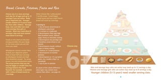 Bread, Cereals, Potatoes, Pasta and Rice
Choose any 6 or more servings
each day for all ages and up to 12
servings if you are active. Body
size is important too. Younger,
smaller children (5-13 years) need
less than older children. Teenage
boys, men and older men need
more servings than girls or
women. Most men need about 8
servings a day and most women
need about 6 servings.
Foods on this shelf are the best
energy providers for your body,
so the more active you are the
more you need.
Wholegrain choices contain fibre
to help your digestive system.
Have at least half your servings
as wholegrain breads and high
fibre breakfast cereals. Try using
brown rice and wholewheat pasta.
The actual portion that you eat
may be bigger or smaller than the
servings listed in the Food
Pyramid. For example, a sandwich
with 2 slices of bread counts as
2 servings.

Other choices like 1 pitta pocket,
1 tortilla wrap, 1 small bagel,
1 small scone and one small French
bread roll count as 2 servings.
1 serving is:
• 1 slice of brown sliced bread or
wholegrain soda bread
• 2-3 crackers or crispbreads
• 4 dessertspoons ﬂake type high
ﬁbre breakfast cereal, without
sugar, honey or chocolate coating
• 3 dessertspoons dry porridge oats
• 2 breakfast cereal wheat or oat
biscuits
• 3 dessertspoons muesli, without
sugar or honey coating
• 1 medium or 2 small potatoes,
• 2 dessertspoons of mashed
potatoes
• 3 dessertspoons or 1/2 cup boiled
pasta, rice, noodles (25g/1 oz
uncooked)
• 1 cup of yam or plantain
Be aware of the calorie difference some types may contain more
calories than others - see page 24.

7

Choose any

6

+
Men and teenage boys who are active may need up to 12 servings a day.
Women and teenage girls who are active may need up to 8 servings a day.

Younger children (5-13 years) need smaller serving sizes.
8

 