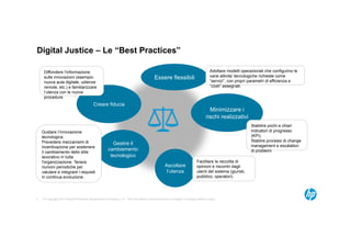 © Copyright 2012 Hewlett-Packard Development Company, L.P. The information contained herein is subject to change without notice.3
Ascoltare
l’utenza
Facilitare la raccolta di
opinioni e riscontri dagli
utenti del sistema (giuristi,
pubblico, operatori).
Essere flessibili
Adottare modelli operazionali che configurino le
varie attivita’ tecnologiche richieste come
“servizi”, con propri parametri di efficienza e
“costi” assegnati.
Creare fiducia
Diffondere l’informazione
sulle innovazioni (esempio:
nuova aula digitale, udienze
remote, etc.) e familiarizzare
l’utenza con le nuove
procedure.
Gestire il
cambiamento
tecnologico
Minimizzare i
rischi realizzativi
Stabilire pochi e chiari
indicatori di progresso
(KPI).
Stablire processi di change
management e escalation
di problemi.
Guidare l’innovazione
tecnologica.
Prevedere meccanismi di
incentivazione per sostenere
il cambiamento dello stile
lavorativo in tutta
l'organizzazione. Tenere
riunioni periodiche per
valutare e integrare i requisiti
in continua evoluzione .
Digital Justice – Le “Best Practices”
 