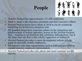 People

• Hewlett Packard has approximately 321,000 employees.
• Mark V. Hurd is the chairman, president and chief executive officer.
• Hewlett Packard hired Davis Shirk in 2010 to run its worldwide
  marketing for its business enterprise unit.
• HP founders based their corporate culture on the integration and
  reinforcement of critical opposites, known as the Hewlett-Packard
  Way - creating an environment that celebrates individualism, but at
  the same time one that is also wholly supportive of teamwork.
• Hewlett Packard provides a career development website to help
  guide its upwardly mobile employees.
• HP partners with other organizations such as InRoads and GEM to
  expand minority employee representation.
• Hewlett Packard provides chat, phone and email customer service
  options.
 