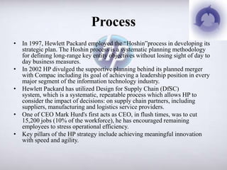Process
• In 1997, Hewlett Packard employed the “Hoshin”process in developing its
  strategic plan. The Hoshin process is a systematic planning methodology
  for defining long-range key entity objectives without losing sight of day to
  day business measures.
• In 2002 HP divulged the supportive planning behind its planned merger
  with Compac including its goal of achieving a leadership position in every
  major segment of the information technology industry.
• Hewlett Packard has utilized Design for Supply Chain (DfSC)
  system, which is a systematic, repeatable process which allows HP to
  consider the impact of decisions: on supply chain partners, including
  suppliers, manufacturing and logistics service providers.
• One of CEO Mark Hurd's first acts as CEO, in flush times, was to cut
  15,200 jobs (10% of the workforce), he has encouraged remaining
  employees to stress operational efficiency.
• Key pillars of the HP strategy include achieving meaningful innovation
  with speed and agility.
 