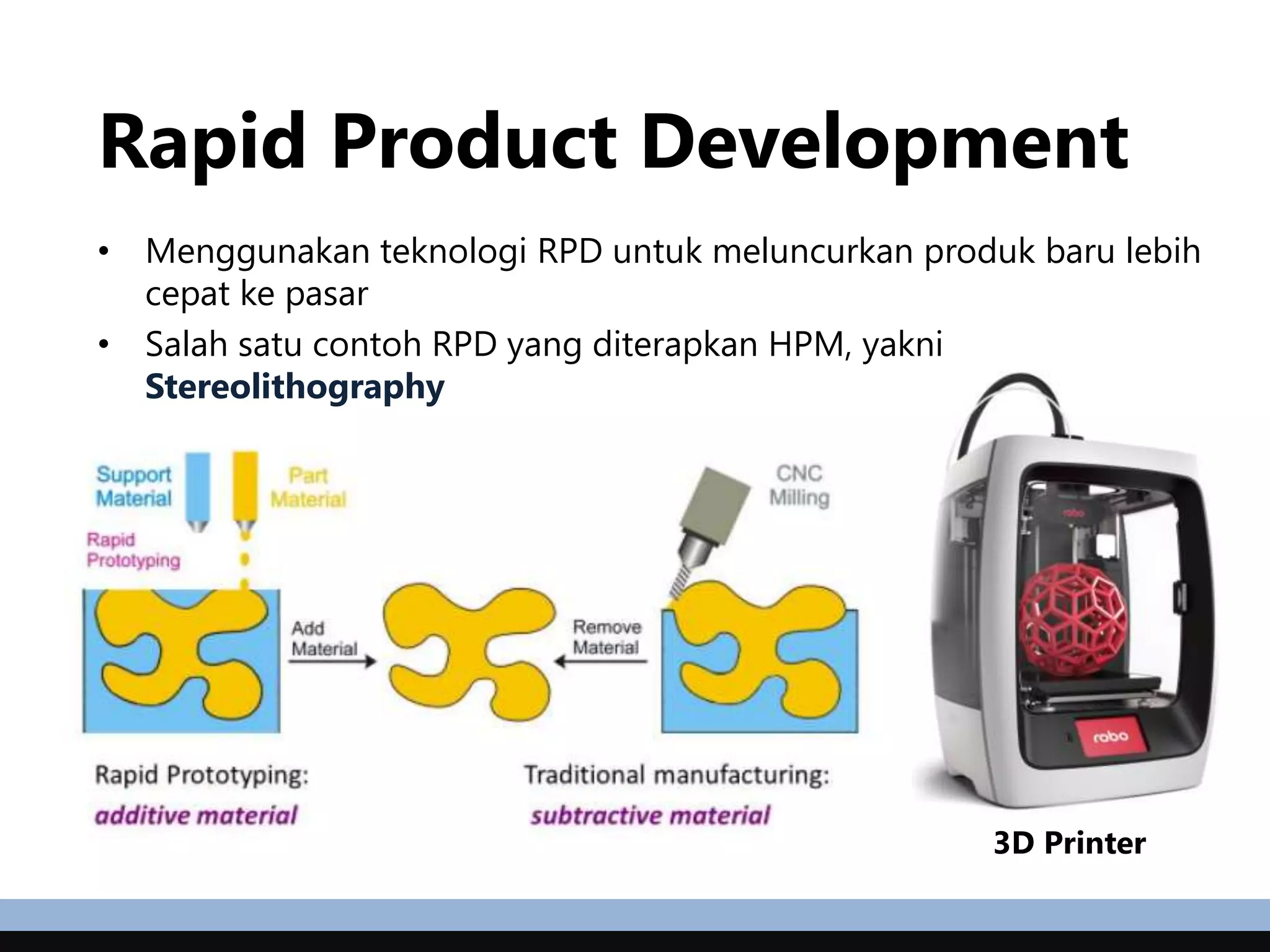 Rapid Product Development
• Menggunakan teknologi RPD untuk meluncurkan produk baru lebih
cepat ke pasar
• Salah satu contoh RPD yang diterapkan HPM, yakni
Stereolithography
3D Printer
 