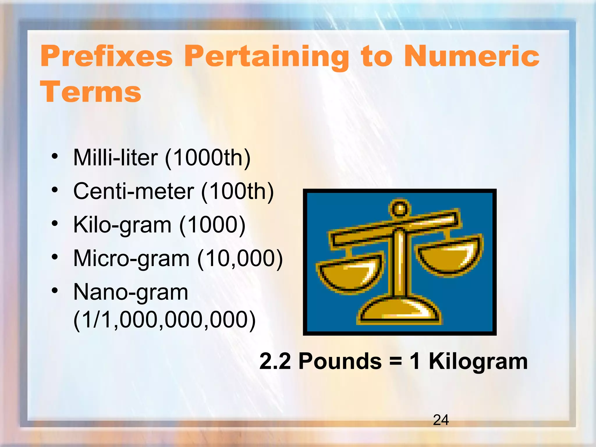 24
Prefixes Pertaining to Numeric
Terms
• Milli-liter (1000th)
• Centi-meter (100th)
• Kilo-gram (1000)
• Micro-gram (10,000)
• Nano-gram
(1/1,000,000,000)
2.2 Pounds = 1 Kilogram
 