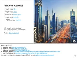 Additional Resources:
• Megatrends video: http://bit.ly/megatrends_ss
• Megatrends article: http://bit.ly/megatrends_HPij
• Megatrends presentation: http://bit.ly/megatrends_pres
• Megatrends LinkedIn: https://www.linkedin.com/pulse/megatrends-rapid-urbanization-andrew-bolwell?trk=prof-post
• HP CTO YouTube channel: https://www.youtube.com/channel/UCv707gj2KW7EaDEABI9QRjA
Interested in learning more or discussing Megatrends? Let’s connect! http://www.twitter.com/andrewbolwell
109
 