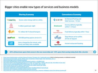 • https://www.theinformation.com/How-Sharing-Economy-Threatens-the-TraditionalEconomy (chart on sharing economy vs traditional economy)
• http://www.businessinsider.com/its-official-music-streaming-is-finally-bigger-than-downloads-2015-5
• http://mattermark.com/on-demand-economy/
• http://www.huffingtonpost.com/2015/02/02/instacart-workers_n_6548822.html
• http://www.forbes.com/sites/ellenhuet/2014/12/17/uber-says-its-doing-1-million-rides-per-day-140-million-in-last-year/
• https://corp.fon.com/sites/default/files/filelibrary/pr_fon_15_million_alex_ceo.pdf
• http://recode.net/2015/05/27/airbnb-is-approaching-one-milllion-guests-per-night/
• https://www.lendingclub.com/info/statistics.action
• http://www.weblessons.com/storage/images/81c305d716b3fbb5209e62314ae42cf0.jpg
• http://www.web-strategist.com/blog/category/sharing-economy/
• http://www.pwc.com/en_US/us/technology/publications/assets/pwc-consumer-intelligence-series-the-sharing-economy.pdf 19
 