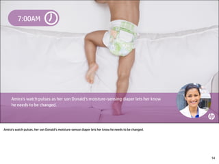Amira’s watch pulses, her son Donald’s moisture-sensor diaper lets her know he needs to be changed.
54
 