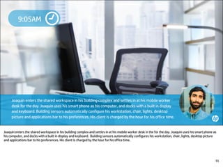 Joaquín enters the shared workspace in his building complex and settles in at his mobile worker desk in the for the day. Joaquin uses his smart phone as
his computer, and docks with a built in display and keyboard. Building sensors automatically configures his workstation, chair, lights, desktop picture
and applications bar to his preferences. His client is charged by the hour for his office time.
55
 