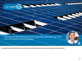 Amira parks her bike under the Solar Farm as she stops to grab lunch to go on her way to the hospital for afternoon rounds.
62
 