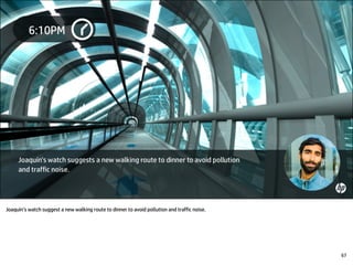 Joaquín’s watch suggest a new walking route to dinner to avoid pollution and traffic noise.
67
 