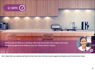 Amir’s oldest child, Lea is getting math help from their home robot. Her home network suggests and displays easy 30-minute dinner recipes
70
 