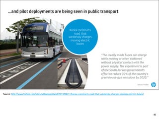 Source: http://www.forbes.com/sites/williampentland/2013/08/11/korea-constructs-road-that-wirelessly-charges-moving-electric-buses/
83
 