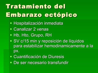 Tratamiento del Embarazo ectópico Hospitalización inmediata Canalizar 2 venas Hb, Hto, Grupo, RH SV c/15 min y reposición de líquidos para estabilizar hemodinamicamente a la px. Cuantificación de Diuresis De ser necesario transfundir  
