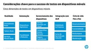 © Copyright 2012 Hewlett-Packard Development Company, L.P. The information contained herein is subject to change without notice.13
Serviço
baseado em
Cloud
Compartilhar,
Acesso
Remoto
Smartphones
Reais
Tablets Reais
Serviços
Móveis Reais
Dispositivos
Agnósticos
Flexíbilidade
e Robustez
Visibilidade
na Empresa
Curva de
Aprendizado
reduzida
Desenvolvimento
Funcionalidade
Performance
Monitoração
Cinco dimensões de testes em dispositivos móveis
Considerações chave para o sucesso de testes em dispositivos móveis
Gerenciamento dos
dispositivos
Realidade Automação Integração com
ALM
Ciclo de vida
Fim a Fim
Seguro,
Centralizado
 