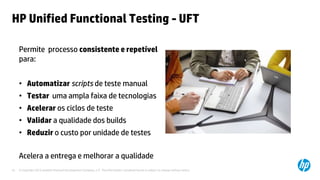 © Copyright 2012 Hewlett-Packard Development Company, L.P. The information contained herein is subject to change without notice.19
HP Unified Functional Testing - UFT
Acelera a entrega e melhorar a qualidade
Permite processo consistente e repetível
para:
• Automatizar scripts de teste manual
• Testar uma ampla faixa de tecnologias
• Acelerar os ciclos de teste
• Validar a qualidade dos builds
• Reduzir o custo por unidade de testes
 