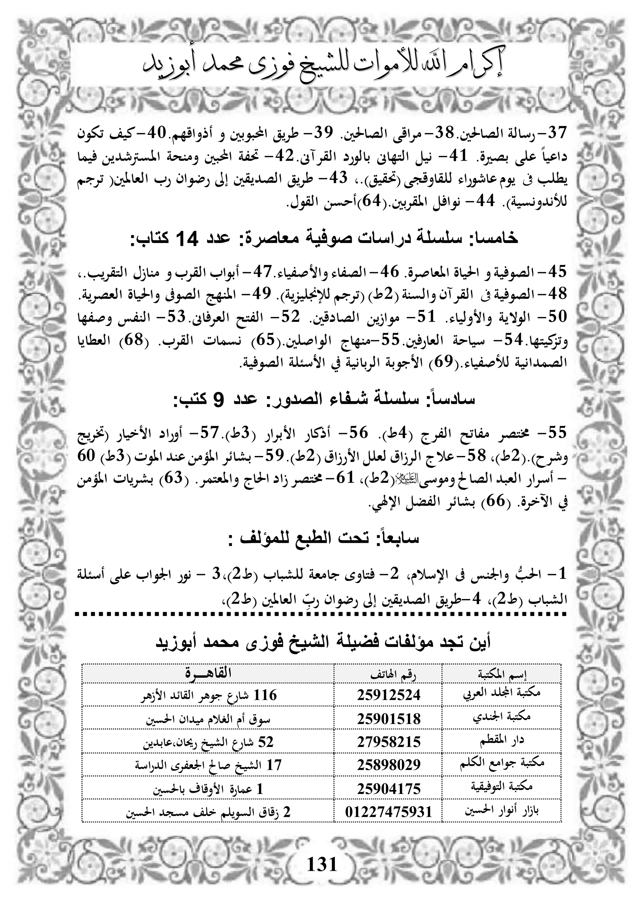 ‫إكرام‬‫إكرام‬‫لألم‬ ‫اهلل‬‫لألم‬ ‫اهلل‬‫وات‬‫وات‬‫ل‬‫ل‬‫أبوزيد‬ ‫حممد‬ ‫فوزى‬ ‫لشيخ‬‫أبوزيد‬ ‫حممد‬ ‫فوزى‬ ‫لشيخ‬
131
10-.‫اذصلحلني‬ ‫وسلذة‬18-.‫اذصلحلني‬ ‫مإلااى‬15-‫احملبوبني‬ ‫ق‬‫طإل‬.‫م‬ ‫نذأاا‬ ‫أ‬31-‫،كوى‬ ‫م‬
.‫بصدو‬ ‫ى‬ ‫ه‬ ‫ه‬‫ل‬ ‫ضاه‬33-.‫اذقإلآىن‬ ‫بلذووض‬ ‫لىن‬ ‫اذت‬32-‫مل‬ ‫ااورتمجد‬ ‫حة‬ ‫أم‬ ‫احملبني‬ ‫حت،ة‬
‫ب‬‫ىف‬.)‫ق‬ ‫(حتق‬‫قلأامى‬ ‫ذ‬ ‫هلمجوواء‬‫وس‬31-‫م‬ ‫،إل‬ (‫اذالاني‬ ‫و‬ ‫وضواى‬ ‫ىل‬ ‫قني‬ ‫اذصد‬ ‫ق‬‫طإل‬
.)‫ة‬ ‫و‬ ‫دأ‬ ‫ذت‬33-(.‫ااقإلبني‬ ‫وا‬33. ‫اذقو‬ ‫)نمو‬
‫سلس‬ ‫خامساج‬‫عدد‬ ‫معاصرةج‬ ‫صواية‬ ‫دراسات‬ ‫لة‬11‫كتابج‬
34-.‫ااالصإلو‬ ‫لو‬ ‫احل‬ ‫أ‬‫ة‬ ‫اذصو‬33-.‫لء‬ ،‫ص‬ ‫أا‬‫اذص،لء‬30-.‫ب‬‫اذتقإل‬ ‫ل‬ ‫م‬ ‫أ‬ ‫اذقإل‬ ‫نبوا‬
38-‫ة‬ ‫اذصو‬‫ىف‬(‫ة‬ ‫أاذو‬‫اذقإلآى‬2.)‫ة‬‫ز‬ ‫ذإلجن‬ ‫م‬ ‫(،إل‬)35-.‫ة‬‫اذاصإل‬ ‫لو‬ ‫أاحل‬ ‫اذصوىف‬ ‫ج‬ ‫اا‬
41-.‫لء‬ ‫أذ‬ ‫أا‬ ‫ة‬ ‫اذوال‬43-.‫اذصلضاني‬ ‫موا‬42-.‫لىن‬ ‫اذاإل‬ ‫اذ،تح‬41-‫ل‬ ،‫أص‬ ، ‫اذ‬
.‫ل‬ ‫ت‬ ‫م‬‫أ،ز‬43-.‫ني‬‫اذالو‬ ‫لمة‬ ‫س‬44-(.‫ني‬ ‫اذواص‬ ‫لج‬ ‫م‬34( . ‫اذقإل‬ ‫وملم‬ )38‫ل‬ ‫ل‬ ‫اذا‬ )
(.‫لء‬ ،‫ذتص‬ ‫ة‬ ‫اذصمدا‬35.‫ة‬ ‫اذصو‬ ‫ة‬ ً‫س‬ ‫ا‬ ‫ة‬ ‫اذإلبل‬ ‫وبة‬ ‫ا‬ )
‫عدد‬ ‫الصدورج‬ ‫يـفاا‬ ‫سلسلة‬ ‫ج‬‫ا‬‫ا‬‫سادس‬9‫كتبج‬
44-( ‫اذ،إلج‬ ‫م،ل،ح‬ ‫ألتصإل‬3.)43-‫بإلاو‬ ‫ا‬ ‫نذملو‬(1.)40-‫ج‬‫(نإل‬ ‫لو‬ ‫خ‬ ‫ا‬ ‫نأواض‬
(.)‫أمجإلح‬2)48-(‫او‬ ‫و‬ ‫ا‬ ‫ذا‬ ‫او‬ ‫اذإل‬ ‫ج‬ ‫ه‬2.)45-(‫ااوم‬ ‫د‬ ‫ه‬ ‫اامم‬ ‫بشلئإل‬1)31
-‫أموسى‬‫اذصلحل‬ ‫اذابد‬ ‫نسإلاو‬(2)33-( .‫أاااتمإل‬ ‫احللج‬ ‫اض‬ ‫ألتصإل‬31‫اامم‬ ‫لم‬‫بشإل‬ )
( .‫اسخإلو‬33.‫ا،هلي‬ ‫اذ،ف‬ ‫بشلئإل‬ )
‫ج‬ ‫للمؤلف‬ ‫الِبع‬ ‫تحت‬ ‫ج‬‫ا‬‫ا‬‫سابع‬
3-‫س‬ ‫ا،س‬ ‫ىف‬ ‫أاجل‬ ُّ‫احلب‬2-( ‫شبل‬ ‫ذ‬ ‫لماة‬ ‫تلأة‬2)1-‫ة‬ ً‫نس‬ ‫ى‬ ‫ه‬ ‫اجلوا‬ ‫وو‬
( ‫اذشبل‬2)3-‫وضوا‬ ‫ىل‬ ‫قني‬ ‫اذصد‬ ‫ق‬‫طإل‬( ‫اذالاني‬ ‫و‬ ‫ى‬2)
‫أبوَيد‬ ‫محمد‬ ‫اوَى‬ ‫الييخ‬ ‫اضيلة‬ ‫مؤلفات‬ ‫تجد‬ ‫أين‬
‫ااكتبة‬ ‫سم‬،‫اهلل‬ ‫وام‬‫دإلو‬‫د‬‫د‬‫د‬‫د‬‫ه‬‫اذقل‬
‫اذاإليب‬ ‫د‬ ‫اجمل‬ ‫مكتبة‬52935254332‫مج‬‫لو‬‫هإل‬ ‫ا‬ ‫اذقلئد‬ ‫وهإل‬
‫در‬ ‫اجل‬ ‫مكتبة‬52943234‫احلوني‬ ‫داى‬ ‫م‬ ‫س‬ ‫اذد‬ ‫نس‬ ‫سوو‬
‫م‬ ‫ااق‬ ‫ضاو‬5192453225‫مج‬‫لو‬‫هلبد‬ ‫وحيلى‬ ‫خ‬ ‫اذش‬
‫م‬ ‫اذك‬ ‫وام‬ ‫مكتبة‬5249445931‫اسة‬‫و‬‫اذد‬ ‫اجلا،إلة‬ ‫صلحل‬ ‫خ‬ ‫اذش‬
‫ة‬ ‫ق‬ ‫اذتو‬ ‫مكتبة‬529443123‫بلحلوني‬ ‫أال‬ ‫ا‬ ‫هملوو‬
‫احلوني‬ ‫واو‬ ‫ن‬ ‫او‬ ‫بل‬435514129135‫احلوني‬ ‫مومد‬ ‫خ‬ ‫م‬ ‫اذوو‬ ‫الو‬
 