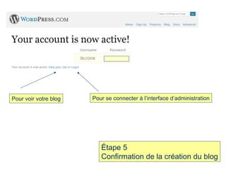 Étape 5 Confirmation de la création du blog Pour voir votre blog Pour se connecter à l’interface d’administration 