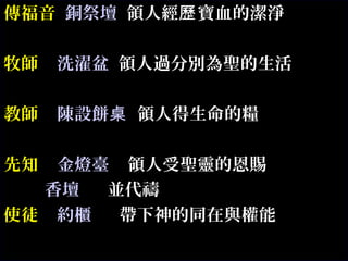 傳福音 銅祭壇 領人經 寶血的潔淨歷
牧師 洗濯盆 領人過分別為聖的生活
教師 陳設餅桌 領人得生命的糧
先知 金燈臺 領人受聖靈的恩賜
香壇 並代禱
使徒 約櫃 帶下神的同在與權能
 