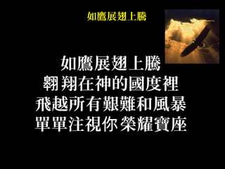 如鷹展翅上騰
如鷹展翅上騰
翔在神的國度裡翱
飛越所有艱難和風暴
單單注視 榮耀寶座你
 