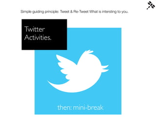 Simple guiding principle: Tweet & Re-Tweet What is intersting to you.




  Twitter
  Activities.




                    ...