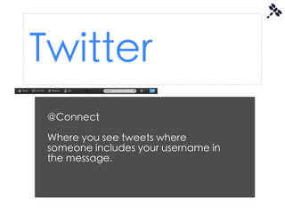 Twitter
 @Connect

 Where you see tweets where
 someone includes your username in
 the message.
 