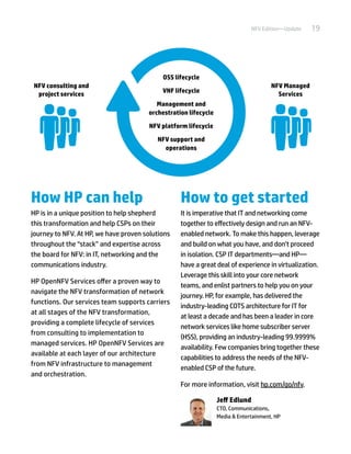 19NFV Edition—Update
How HP can help
HP is in a unique position to help shepherd
this transformation and help CSPs on their
journey to NFV. At HP, we have proven solutions
throughout the “stack” and expertise across
the board for NFV: in IT, networking and the
communications industry.
HP OpenNFV Services offer a proven way to
navigate the NFV transformation of network
functions. Our services team supports carriers
at all stages of the NFV transformation,
providing a complete lifecycle of services
from consulting to implementation to
managed services. HP OpenNFV Services are
available at each layer of our architecture
from NFV infrastructure to management
and orchestration.
How to get started
It is imperative that IT and networking come
together to effectively design and run an NFV-
enabled network. To make this happen, leverage
and build on what you have, and don’t proceed
in isolation. CSP IT departments—and HP—
have a great deal of experience in virtualization.
Leverage this skill into your core network
teams, and enlist partners to help you on your
journey. HP, for example, has delivered the
industry-leading COTS architecture for IT for
at least a decade and has been a leader in core
network services like home subscriber server
(HSS), providing an industry-leading 99.9999%
availability. Few companies bring together these
capabilities to address the needs of the NFV-
enabled CSP of the future.
For more information, visit hp.com/go/nfv.
Jeff Edlund
CTO, Communications,
Media & Entertainment, HP
OSS lifecycle
VNF lifecycle
Management and
orchestration lifecycle
NFV platform lifecycle
NFV support and
operations
NFV consulting and
project services
NFV Managed
Services
 