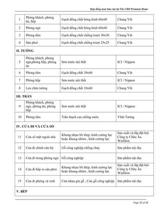 Hợp đồng mua bán căn hộ The CBD Premium Home
Page 23 of 32
1
Phòng khách, phòng
ăn, bếp
Gạch đồng chất bóng kính 60x60 Chang Yih
2 Phòng ngủ Gạch đồng chất bóng kính 60x60 Chang Yih
3 Phòng tắm Gạch đồng chất chống trượt 30x30 Chang Yih
4 Sân phơi Gạch đồng chất chống trượt 25x25 Chang Yih
II. TƯỜNG
5
Phòng khách, phòng
ngủ,phòng bếp, phòng
ăn
Sơn nước nội thất ICI / Nippon
6 Phòng tắm Gạch đồng chất 30x60 Chang Yih
7 Phòng bếp Sơn nước nội thất ICI / Nippon
8 Len chân tường Gạch đồng chất 10x60 Chang Yih
III. TRẦN
9
Phòng khách, phòng
ngủ, phòng ăn, phòng
bếp
Sơn nước nội thất ICI / Nippon
10 Phòng tắm Trần thạch cao chống nước Vĩnh Tường
IV. CỬA ĐI VÀ CỬA SỔ
11 Cửa sổ mặt ngoài nhà
Khung nhựa lõi thép, kính cường lực
hoặc khung nhôm , kính cưởng lực
Sản xuất và lắp đặt bởi
Công ty Châu Âu
WinDow
12 Cửa đi chính căn hộ Gỗ công nghiệp chống cháy Sản phẩm nội địa
13 Cửa đi trong phòng ngủ Gỗ công nghiệp Sản phẩm nội địa
14 Cửa đi bếp ra sân phơi
Khung nhựa lõi thép, kính cường lực
hoặc khung nhôm , kính cưởng lực
Sản xuất và lắp đặt bởi
Công ty Châu Âu
WinDow
15 Cửa đi phòng vệ sinh Cửa nhựa giả gỗ , Cửa gỗ công nghiệp Sản phẩm nội địa
V. BẾP
 