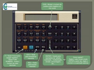 CHS = Mudar o numero de
positivo para negativo ou
vice versa
ENTER = Usada para
operações de adição,
subtração, multiplicação,
divisão, percentagem,
etc...
Como operar?
Digite o valor inicial e tecle
ENTER a partir daí, digite o
numero e a operação apenas.
F = Tecle F+CLX para
apagar registros .
Tecle F+UM
NUMERO, muda o
numero de casa
decimais
STO = Tecla
para armazenar
memória
RCL = Tecla
para buscar
memória
 