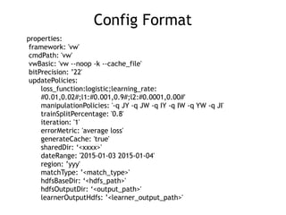 Config Format
properties: 
framework: 'vw' 
cmdPath: 'vw' 
vwBasic: 'vw --noop -k --cache_file' 
bitPrecision: ’22' 
updatePolicies:
loss_function:logistic;learning_rate:
#0.01,0.02#;l1:#0.001,0.9#;l2:#0.0001,0.00#' 
manipulationPolicies: '-q JY -q JW -q IY -q IW -q YW -q JI' 
trainSplitPercentage: '0.8' 
iteration: '1' 
errorMetric: 'average loss' 
generateCache: 'true' 
sharedDir: ‘<xxxx>' 
dateRange: '2015-01-03 2015-01-04' 
region: ’yyy' 
matchType: ’<match_type>' 
hdfsBaseDir: ‘<hdfs_path>' 
hdfsOutputDir: ‘<output_path>' 
learnerOutputHdfs: ’<learner_output_path>'
 