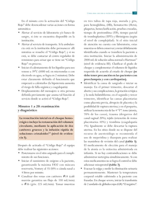 Código rojo: guía para el manejo de la hemorragia obstétrica 39
En el minuto cero la activación del “Código
Rojo” debe desencadenar varias acciones en forma
automática:
•	 Alertar al servicio de laboratorio y/o banco de
sangre, si éste se encuentra disponible en la
institución.
•	 Alertar al servicio de transporte. Si la ambulan-
cia está en la institución debe permanecer allí
mientras se resuelve el “Código Rojo”, y si no
está, se debe contactar al centro regulador de
remisiones para avisar que se tiene un “Código
Rojo” en proceso.
•	 Iniciar el calentamiento de los líquidos para uso
venoso a 39°C (1000 mL en microondas o con
electrodo en agua, se logra en 2 minutos). Debe
estar claramente definido el funcionario que
empezará a calentarlos (la hipotermia aumenta
el riesgo de falla orgánica y coagulopatía).
•	 Desplazamiento del mensajero u otra persona
definida previamente que asuma tal función al
servicio donde se activó el “Código Rojo”.
Minutos 1 a 20: reanimación
y diagnóstico
La resucitación inicial en el choque hemo-
rrágico incluye la restauración del volumen
circulante, mediante la aplicación de dos
catéteres gruesos y la infusión rápida de
soluciones cristaloides7,8
(nivel de eviden-
cia I).
Después de activado el “Código Rojo” el equipo
debe realizar las siguientes acciones:
•	 Posicionarse en el sitio asignado para el cumpli-
miento de sus funciones.
•	 Iniciar el suministro de oxígeno a la paciente,
garantizando la máxima FIO2 con máscara
reservorio, Ventury al 35-50% o cánula nasal a
4 litros por minuto.
•	 Canalizar dos venas con catéteres #14 (café
marrón garantiza un flujo de 330 mL/min)
o #16 (gris: 225 mL/min). Tomar muestras
en tres tubos de tapa roja, morada y gris,
para hemoglobina, (Hb), hematocrito (Hcto),
plaquetas, hemoclasificación, pruebas cruzadas,
tiempo de protrombina (TP), tiempo parcial
de tromboplastina (TPT) y fibrinógeno (según
el nivel de complejidad). Si el sitio inicial
de atención no cuenta con laboratorio, estas
muestrassedebenconservaryenviardebidamente
identificadas cuando se transfiera la paciente a
otra institución. Iniciar la administración de
2000 mL de solución salina normal o Hartman12
(nivel de evidencia III). Clasificar el grado de
choque y complementar el volumen de líquidos
requerido de acuerdo al estado de choque (se
debe tener precaución en las pacientes con
preeclampsia y con cardiopatías).
•	 Identificar la causa de sangrado e iniciar su
manejo. En el primer trimestre, descartar el
aborto y sus complicaciones, la gestación ectópica
y la mola hidatidiforme; en el segundo y tercer
trimestre, identificar las causas placentarias
como placenta previa, abrupcio de placenta y la
posibilidad de ruptura uterina; y en el posparto,
utilizar la nemotecnia de las 4 “T”: tono (atonía,
70% de los casos), trauma (desgarros del
canal vaginal 20%), tejido (retención de restos
placentarios 10%) y trombina (coagulopatía
1%). Igualmente se debe descartar la ruptura
uterina. En los sitios donde no se dispone del
recurso de anestesiólogo se recomienda el
uso de meperidina y diazepam para realizar
las maniobras de revisión del canal (tabla 3).
El medicamento de elección para el manejo
de la atonía es la oxitocina administrada en
infusión. Si no hay contraindicaciones se debe
administrar metergina simultáneamente. Si con
estos medicamentos no se logra el control se debe
adicionar misoprostol (tabla 3).
•	 Evacuar la vejiga y medir la eliminación urinaria
permanentemente. Mantener la temperatura
corporal estable cubriendo a la paciente con
frazadas. En choque severo, iniciar la transfusión
de2unidadesdeglóbulosrojos(GR)“Onegativo”.
 