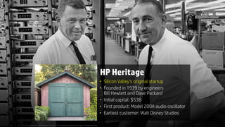 © Copyright 2016 HP Development Company, L.P. The information contained herein is subject to change without notice.
HP Heritage
• Silicon Valley’s original startup
• Founded in 1939 by engineers  
Bill Hewlett and Dave Packard
• Initial capital: $538
• First product: Model 200A audio oscillator
• Earliest customer: Walt Disney Studios
 
