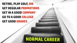 GET GOOD GRADES
GO TO A GOOD COLLEGE
GET IN A GOOD COMPANY
GET REGULAR PROMOTIONS
RETIRE, PLAY GOLF, DIE
NORMAL CAREER
 