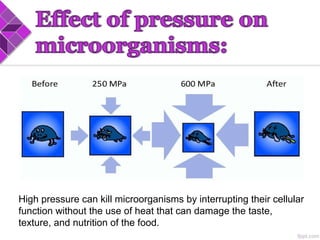 High pressure can kill microorganisms by interrupting their cellular
function without the use of heat that can damage the taste,
texture, and nutrition of the food.
 