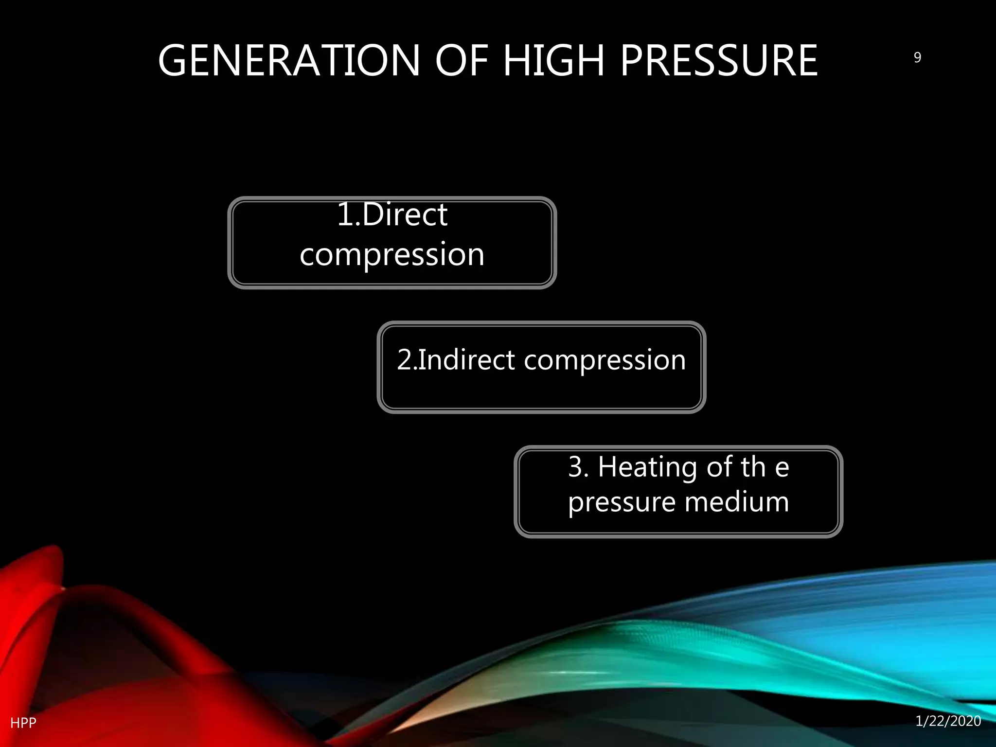 GENERATION OF HIGH PRESSURE
1/22/2020HPP
9
2.Indirect compression
3. Heating of th e
pressure medium
1.Direct
compression
 