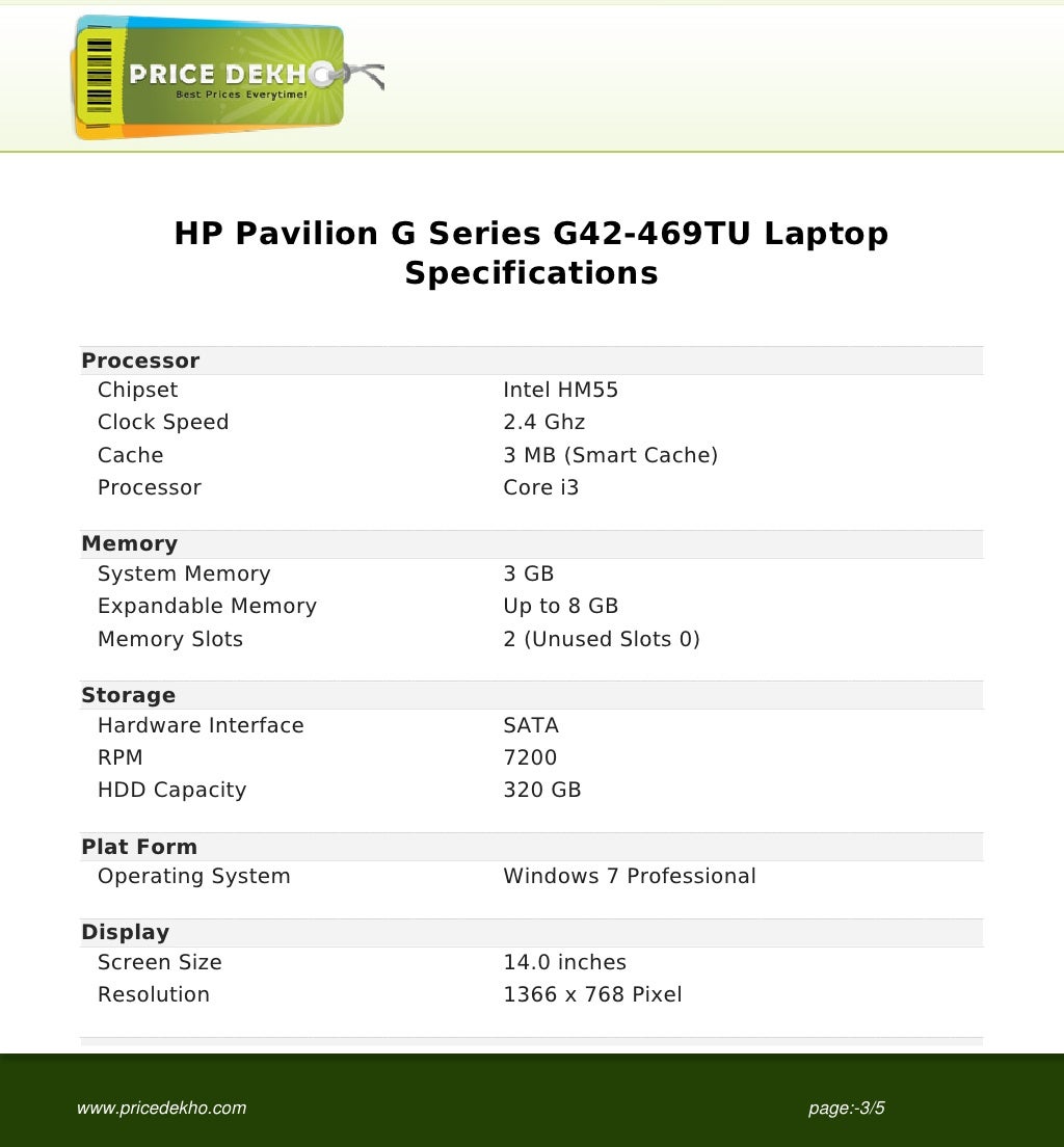 HP Pavilion G Series G42-469TU Laptop specification