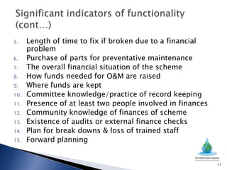 5.    Length of time to fix if broken due to a financial
      problem
6.    Purchase of parts for preventative maintenance
7.    The overall financial situation of the scheme
8.    How funds needed for O&M are raised
9.    Where funds are kept
10.   Committee knowledge/practice of record keeping
11.   Presence of at least two people involved in finances
12.   Community knowledge of finances of scheme
13.   Existence of audits or external finance checks
14.   Plan for break downs & loss of trained staff
15.   Forward planning


                                                             11
 