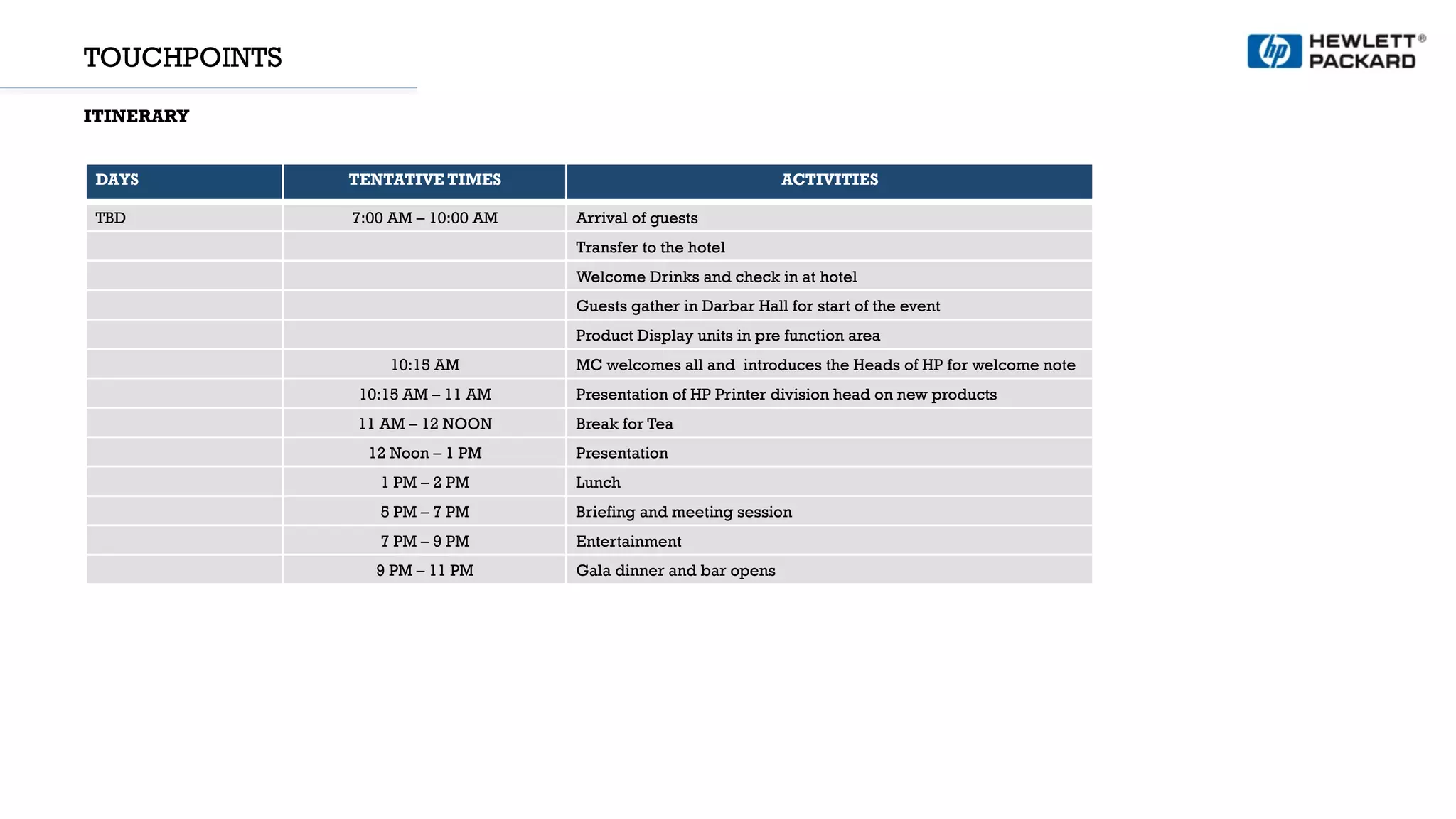 TOUCHPOINTS
ITINERARY
DAYS TENTATIVE TIMES ACTIVITIES
TBD 7:00 AM – 10:00 AM Arrival of guests
Transfer to the hotel
Welcome Drinks and check in at hotel
Guests gather in Darbar Hall for start of the event
Product Display units in pre function area
10:15 AM MC welcomes all and introduces the Heads of HP for welcome note
10:15 AM – 11 AM Presentation of HP Printer division head on new products
11 AM – 12 NOON Break for Tea
12 Noon – 1 PM Presentation
1 PM – 2 PM Lunch
5 PM – 7 PM Briefing and meeting session
7 PM – 9 PM Entertainment
9 PM – 11 PM Gala dinner and bar opens
 