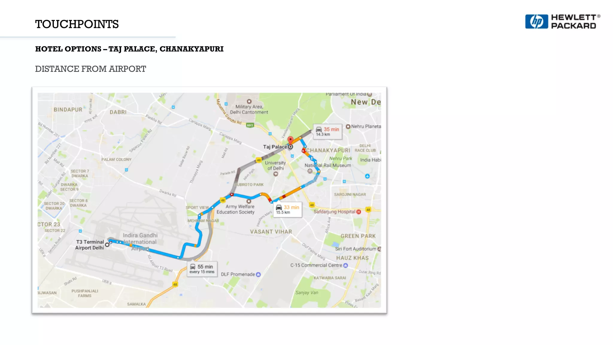 TOUCHPOINTS
HOTEL OPTIONS – TAJ PALACE, CHANAKYAPURI
DISTANCE FROM AIRPORT
 