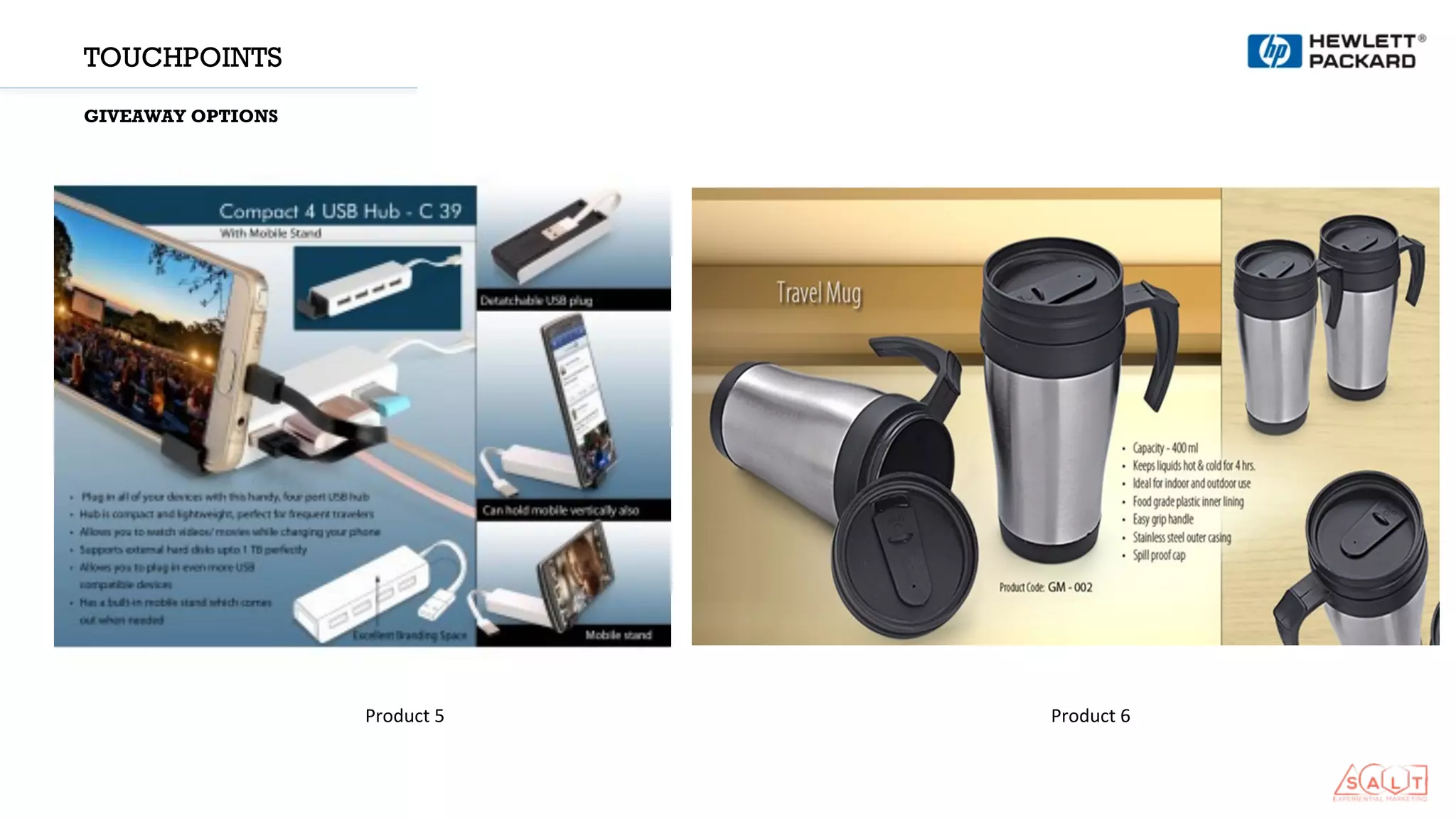 Product	
  5	
   Product	
  6	
  
TOUCHPOINTS
GIVEAWAY OPTIONS
 