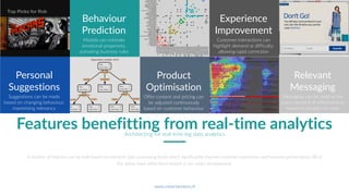 www.robertwinters.nl
5
Features benefitting from real-time analyticsArchitecting for real-time big data analytics
A number of features can be built based on real-time data processing feeds which significantly improve customer experience and business performance. All of
the above have either been tested or are under development.
Personal
Suggestions
Suggestions can be made
based on changing behaviour,
maximising relevancy
Behaviour
Prediction
Models can estimate
emotional propensity,
activating business rules
Product
Optimisation
Offer content and pricing can
be adjusted continuously
based on customer behaviour
Experience
Improvement
Customer interactions can
highlight demand or difficulty,
allowing rapid correction
Relevant
Messaging
Messaging can be send at the
exact moment of effectiveness
based on location or state
 