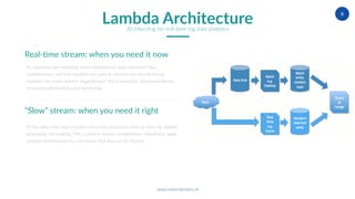 www.robertwinters.nl
8
Real-time stream: when you need it now
For decisions and reporting where timeliness is more important than
completeness, real time pipelines are used to achieve sub-second timing
between the event and the targeted feed. This is useful for recommendations,
in-session optimization, and monitoring.
“Slow” stream: when you need it right
At the same time, data is written to a more persistent store for later (eg. nightly)
processing and analysis. This is used to ensure completeness, cleanliness, apply
complex transformations, and ensure that data can be trusted.
Lambda ArchitectureArchitecting for real-time big data analytics
 