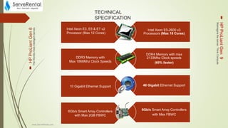 6Gb/s Smart Array Controllers
with Max 2GB FBWC
10 Gigabit Ethernet Support
DDR3 Memory with
Max 1866Mhz Clock Speeds
TECHNICAL
SPECIFICATION
Intel Xeon E5-2600 v3
Processors (Max 18 Cores)
DDR4 Memory with max
2133Mhz Clock speeds
(60% faster)
40 Gigabit Ethernet Support
6Gb/s Smart Array Controllers
with Max FBWC
Intel Xeon E3, E5 & E7 v2
Processor (Max 12 Cores)
www.ServeRental.com
HPProLiantGen8
HPProLiantGen9
TheWorldsmostintelligentserves
Reimaginetheserver.ThinkCompute
 