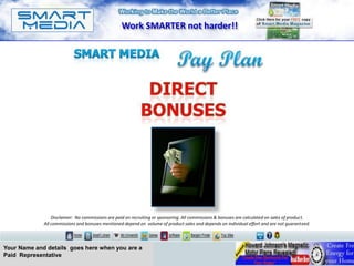 Work SMARTER not harder!!




                 Disclaimer: No commissions are paid on recruiting or sponsoring. All commissions & bonuses are calculated on sales of product.
             All commissions and bonuses mentioned depend on volume of product sales and depends on individual effort and are not guaranteed.




Your Name and details goes here when you are a
Paid Representative
 