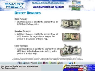 Work SMARTER not harder!!




                 Disclaimer: No commissions are paid on recruiting or sponsoring. All commissions & bonuses are calculated on sales of product.
             All commissions and bonuses mentioned depend on volume of product sales and depends on individual effort and are not guaranteed.




Your Name and details goes here when you are a
Paid Representative
 