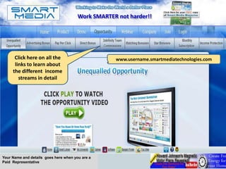 Work SMARTER not harder!!




      Click here on all the                        www.username.smartmediatechnologies.com
      links to learn about
     the different income
        streams in detail




Your Name and details goes here when you are a
Paid Representative
 