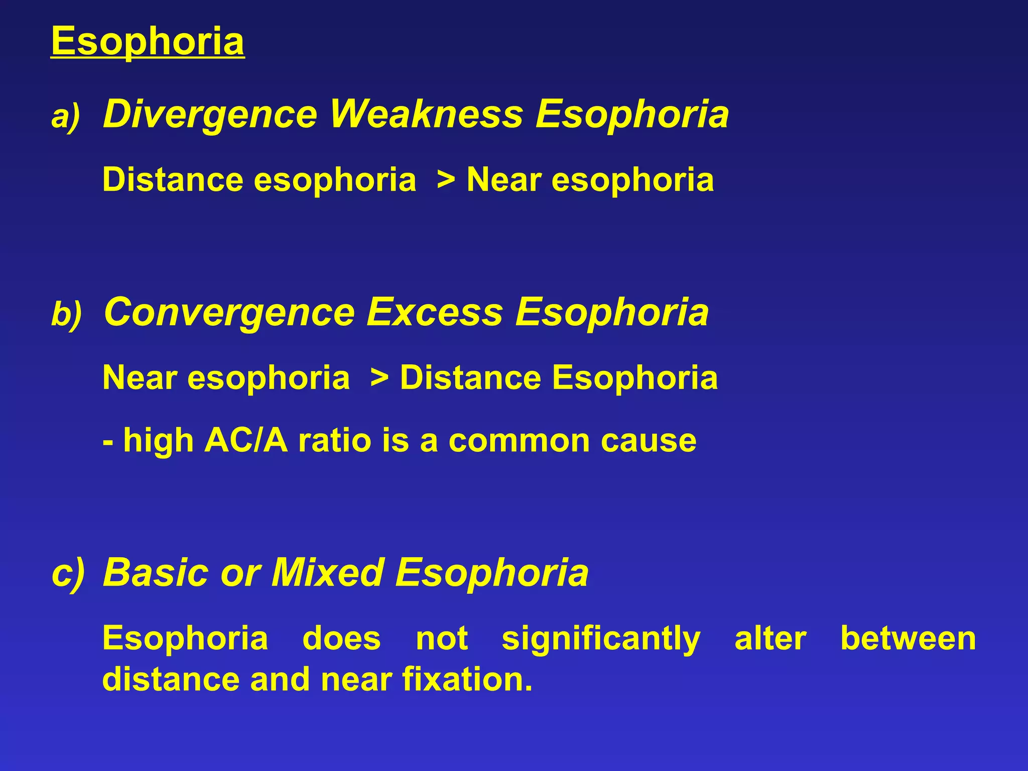 Esophoria
a) Divergence Weakness Esophoria
Distance esophoria > Near esophoria
b) Convergence Excess Esophoria
Near esophoria > Distance Esophoria
- high AC/A ratio is a common cause
c) Basic or Mixed Esophoria
Esophoria does not significantly alter between
distance and near fixation.
 