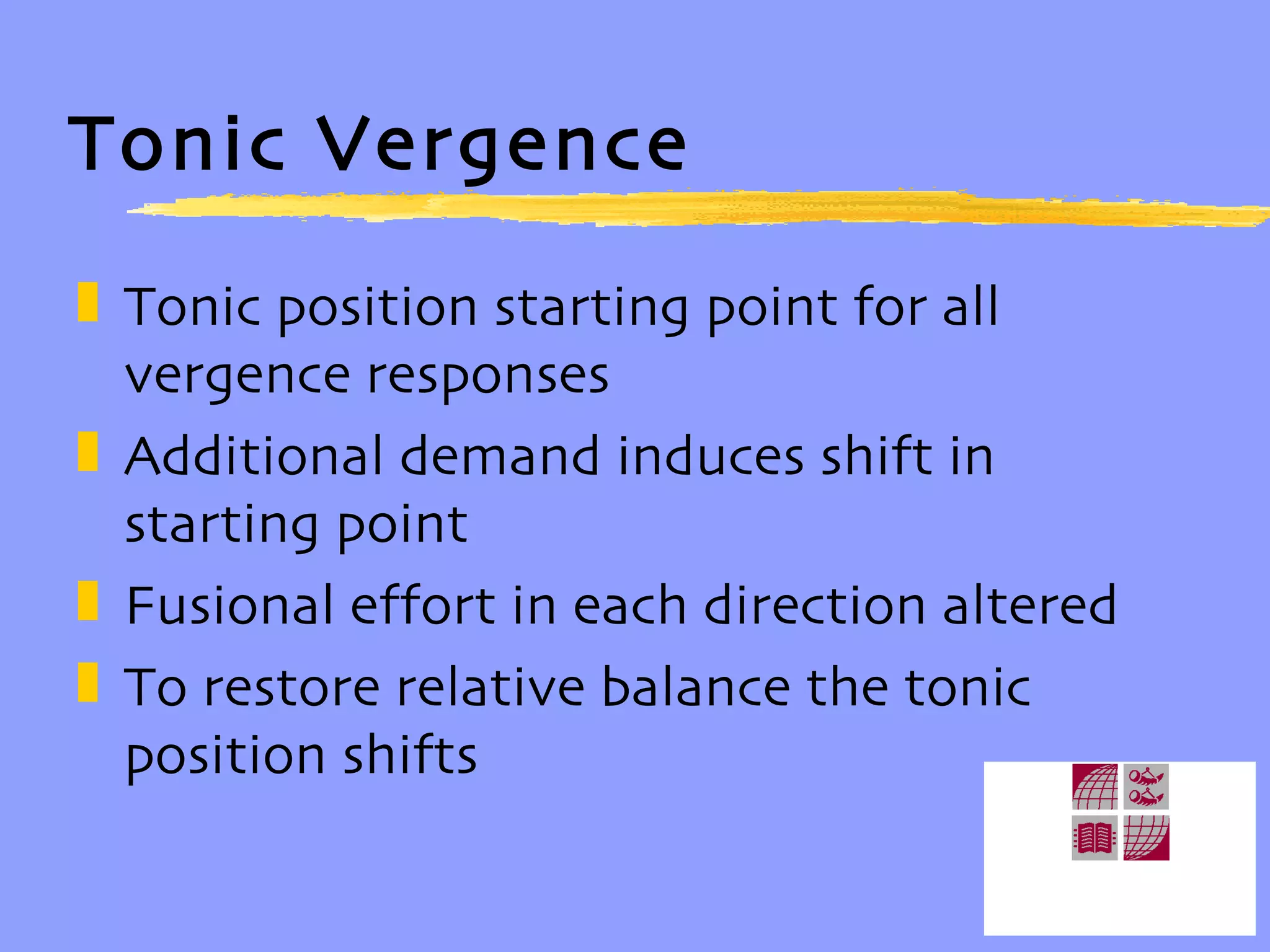 Tonic Vergence Tonic position starting point for all vergence responses Additional demand induces shift in starting point Fusional effort in each direction altered To restore relative balance the tonic position shifts