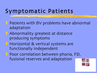 Symptomatic Patients Patients with BV problems have abnormal adaptation Abnormality greatest at distance producing symptoms Horizontal & vertical systems are functionally independent Poor correlation between phoria, FD, fusional reserves and adaptation